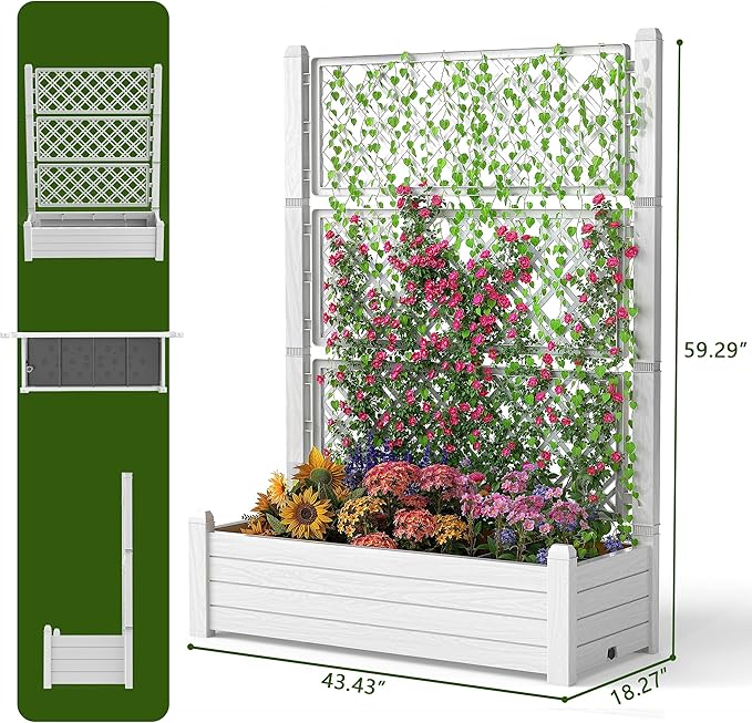 EasyUp 21 Gallon Raised Garden Bed with Trellis for Climbing Plants, Anti-Rust Resin Outdoor Planter Box with Drainage Holes for Backyard Patio Balcony (Ashen)