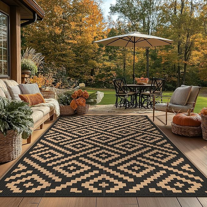 GENIMO 5'x8'Outdoor Rug Waterproof, Reversible Mats, Area Rug, Plastic Outside Carpet, Geometric Rv Mat for Patio Camping Rv Picnic Backyard Deck Balcony Porch Beach Trailer (Black & Brown)