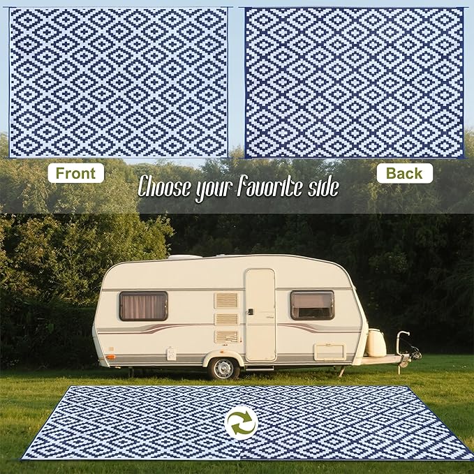 SAND MINE Reversible Mats, Plastic Straw Rug, Modern Area Rug, Large Floor Mat and Rug for Outdoors, RV, Patio, Backyard, Deck, Picnic, Beach, Trailer, Camping, Dark Blue & White, 10' x 14'
