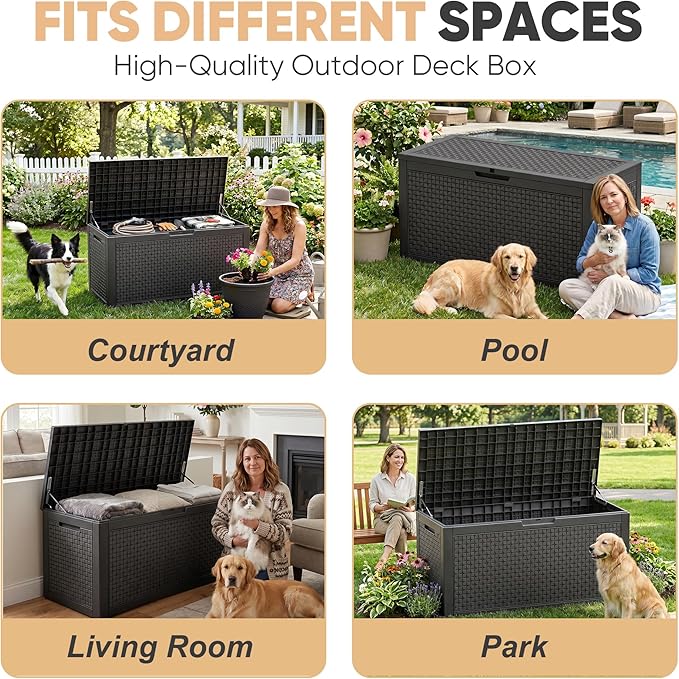 EasyUp 110 Gallon Deck Boxes Outdoor Waterproof, Resin Outside Storage Box for Patio Cushion Furniture Pool Accessories Garden Tools Indoor Outdoor Storage Bench (110 Gallon, Black)
