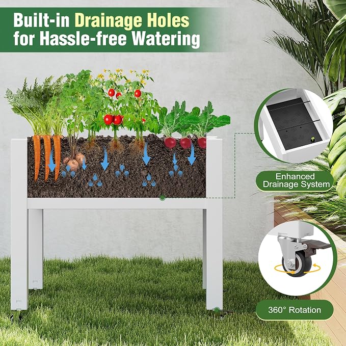 Elevated 26.3" Tall Raised Garden Bed with Wheels - Outdoor Mobile Resin Planter Box with Drainage Holes for Vegetables Flower Herbs, Weather Resistant, Cool White (26.3" h)
