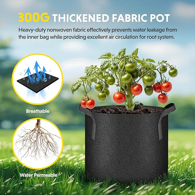 iPower 12-Pack 5 Gallon Grow Bags Heavy Duty Thickened Aeration Nonwoven Fabric Pots with Nylon Handles and 12 Labels for Planting Vegetables, Fruits, Flowers, Black
