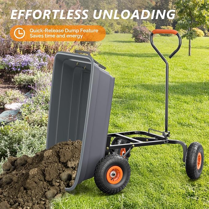 VINGLI Dump Cart Wagon, 600LBS Quick-Release Dump Wheelbarrow, All-Terrain 10" Tires Garden Wagon for Yard, Lawn and Outdoor Use