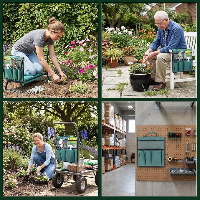 Gonetre Garden Tool Bag for Garden Kneeler, 600D Oxford Fabric Large Capacity Pouch Bag Multiple Storage Pockets Organizer for Outdoor Gardening Kneeling Stool 11.8"x7.5"