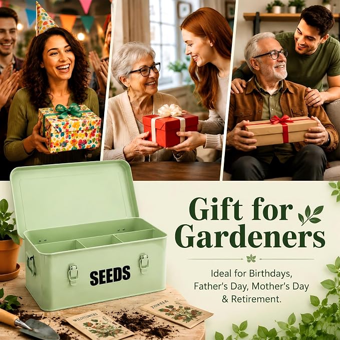 Seed Saving Box with 4 Compartments, Large Metal Seed Organizer Packet Container with Lid & Safety Locks, Garden Seed Storage Bin for Seeds with 50 Plant Labels, 20 Envelopes