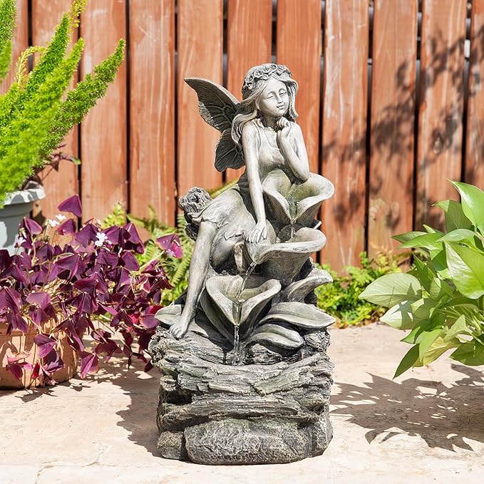 Glitzhome Water Fountain Outdoor, Outdoor Fountain with Lights & Pump, 22.75" H 4-Tiered Concrete Fairy Polyresin Cascading Waterfall Floor Standing Water Feature for Garden, Patio, Yard, Deck