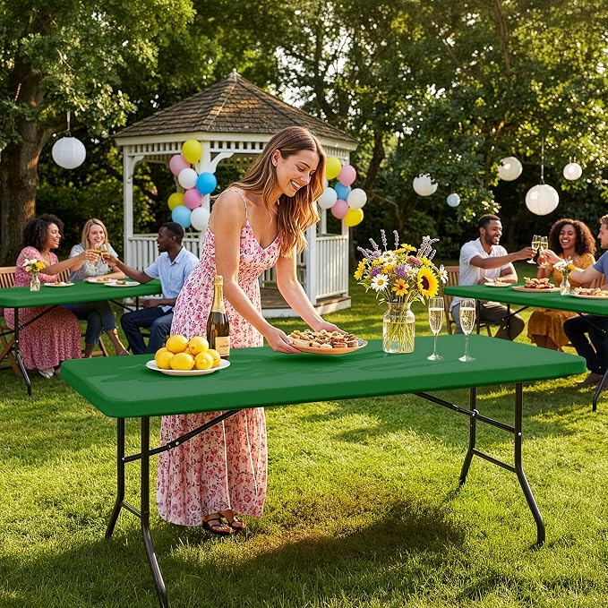 Fitted Tablecloth for 6 Foot Rectangle Tables-6 Pack Green Elastic Outdoor Picnic Table Cover-Spandex Stretch Christmas Table Cloths 6 ft for Camping Dining Room Patio Kitchen Banquet Party