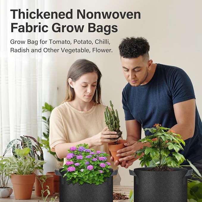 YSSOA 5-Pack 5 Gallon Grow Bags, Aeration Nonwoven Fabric Plant Pots with Handles, Heavy Duty Gardening Planter for Potato, Tomato, Vegetable and Fruits, Black 2024 Version