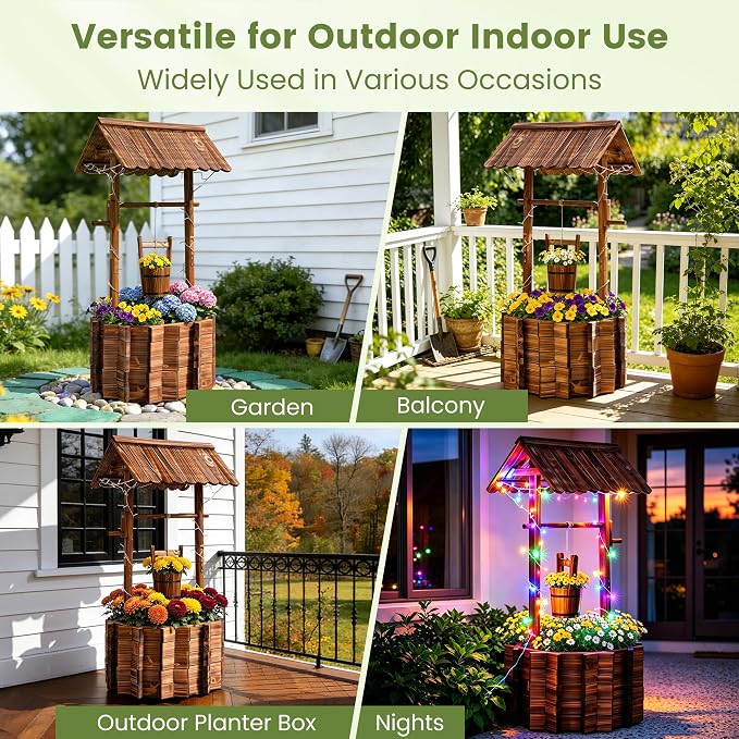2026 Upgraded 54" H Wishing Well Planter with 11-Mode LED Lights and 3 Timer Settings, Outdoor Garden Decor with Adjustable Hanging Bucket and Drainage Base for Yard, Patio, Backyard