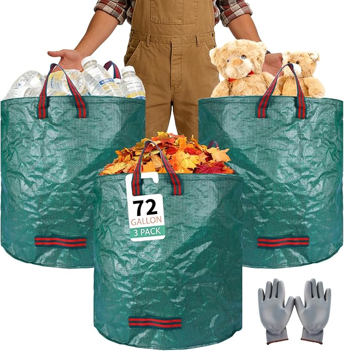 3 Pack 72-Gallon Yard Waste Bags with Gardening Gloves, Heavy Duty Reusable Lawn Leaf Bags with Reinforced Handles, Collapsible Garden Bags for Leaves, Debris and Outdoor Clean Up