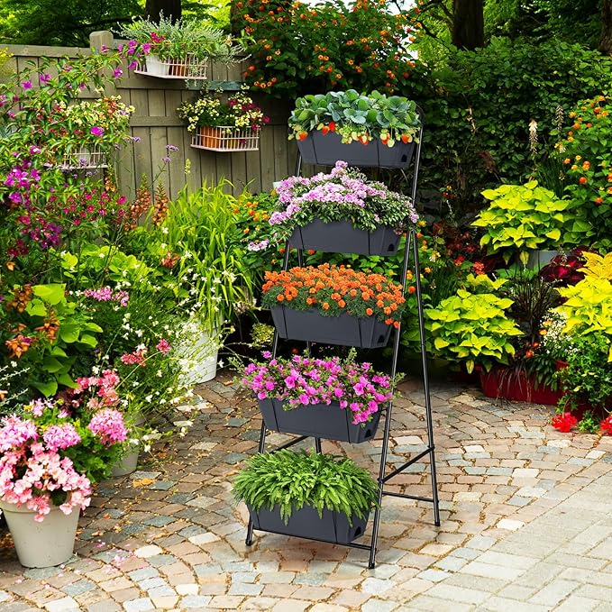 Raised Garden Bed 5 Tier Vertical Planter Standing Herb Garden Elevated Box With Drainage Holes Tall Planters for Outdoor Plants Vegetables Flowers Grey