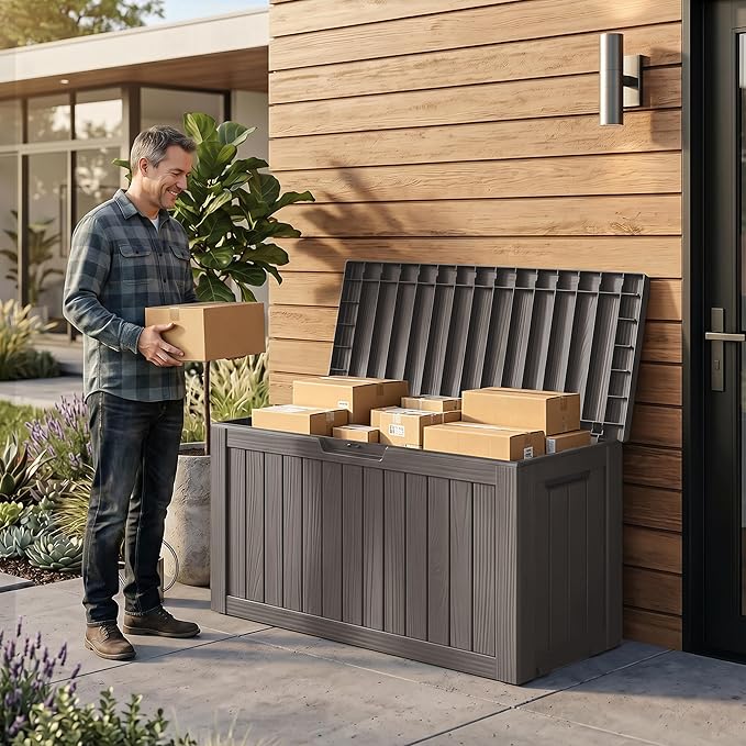 85 Gallon Package Delivery Boxes Outside Secure Waterproof Resin UV Resistant Lockable Mail Parcel Drop Mailbox Storage Deck Box for Outdoor Porch Patio Grey