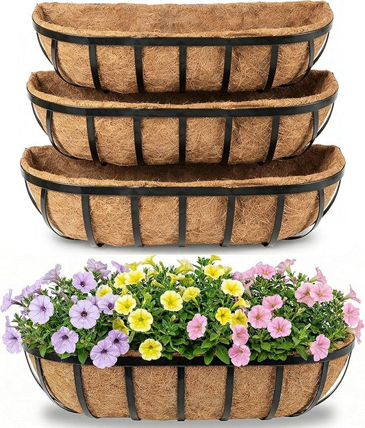 HFHOME 4 Pcs 24" Railing Planter Box, Window Box with Horse Trough Coco Liners, Black Metal Deck Hanging Flower Planters Baskets for Indoor, Outdoor, Balcony, Porch, Fence, Patio, and Lawn