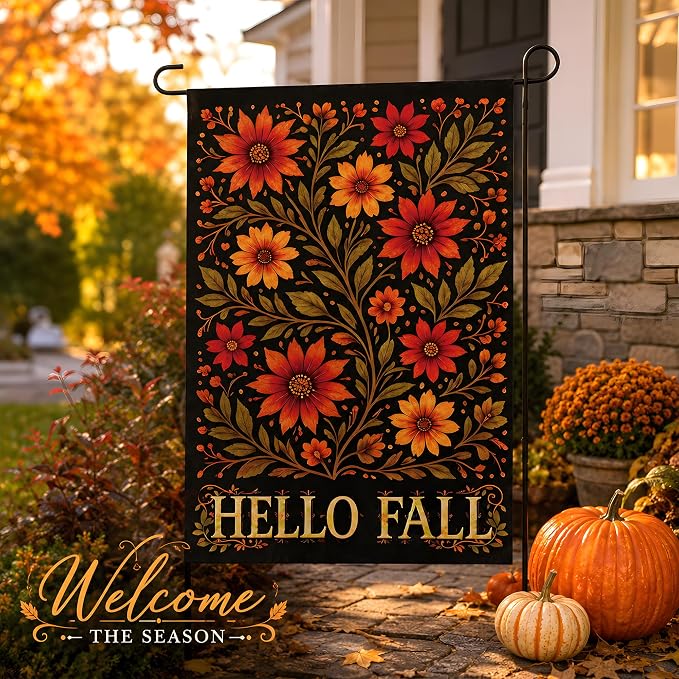 Fall Decor - Hello Fall Floral Garden Flag | Thanksgiving Party Favors Supplies Decorations - Double-Side Autumn Decor for Outdoor Indoor Outside - Friendsgiving Banner for Garden Porch Patio Lawn Yard