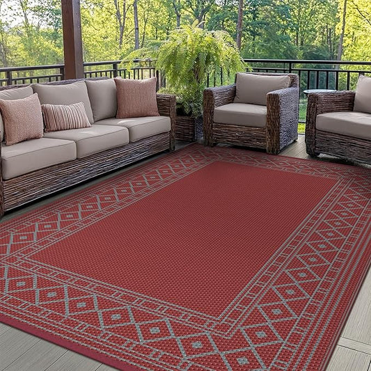 GENIMO Outdoor Rug Waterproof 5'x8' for Patio, Foldable Reversible Plastic Straw Carpet for Travel Trailers, Outside Area Mat for Rv, Deck, Picnic, Porch, Balcony, Beach, Red & Grey