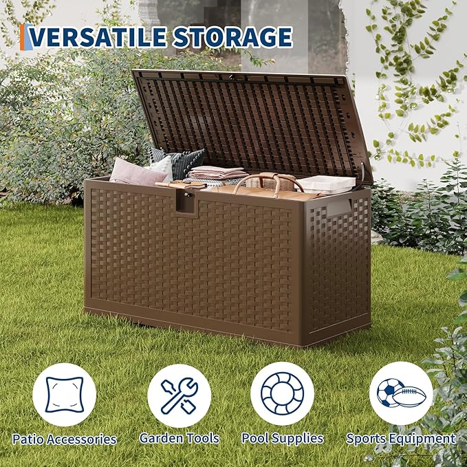 IDEALHOUSE 73 Gallon Resin Deck Box, Waterproof Outdoor Storage Box with Lockable Lid & UV Resistant, Patio Furniture Cushion Storage Container for Garden, Backyard, Poolside (Brown)