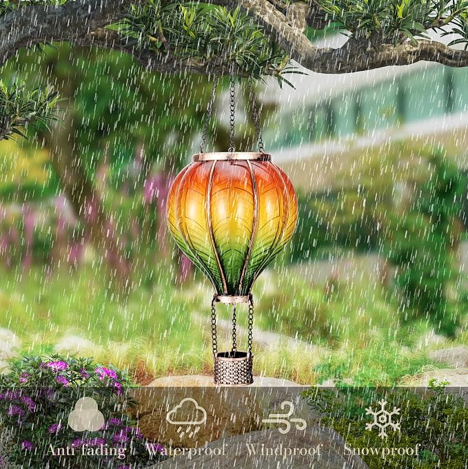 TERESA'S COLLECTIONS Hot Air Balloon Solar Lantern for Garden Decor ,Flickering Flame Hanging Solar Light for Outdoor ,Orange & Green Plastic Lamp for Yard Tree Gift for Mom