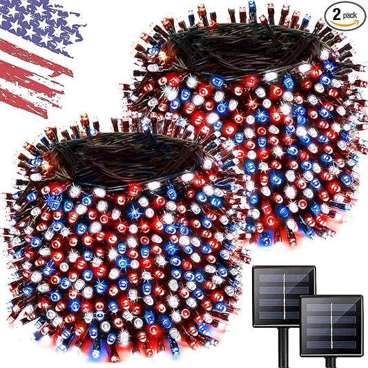 2 Pack 480 LED Solar String Lights for Outside, 170 FT Solar Powered Outdoor Waterproof Twinkle Lights, Solar Tree Light for 4th of July Indenpance Day USA 250th Anniversary Decor (Red White and Blue)