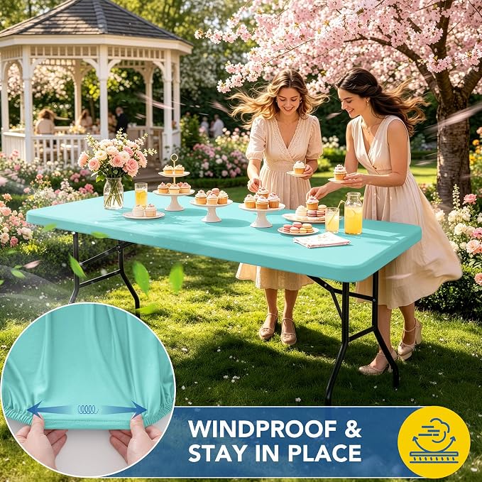 Spandex Table Cover for 6 Foot Rectangle Tables-6 Pack Aqua Blue Outdoor Picnic Elastic Table Cover-Spandex Stretch Folding Table Cloths for Camping Dining Room Patio Kitchen Banquet Party