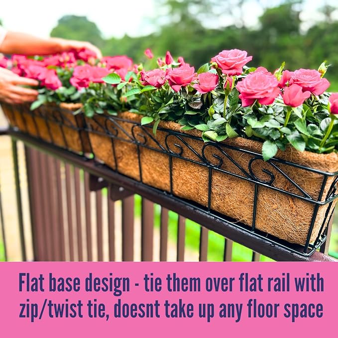 LaLaGreen Wall Mounted Planters - 24 Inch, 4 Pack Window Flower Boxes Basket Outdoor, Balcony Planter Over the Rail, Deck Railing Hanging with Coco Liners, Metal Horse Troughs Fence Patio Porch
