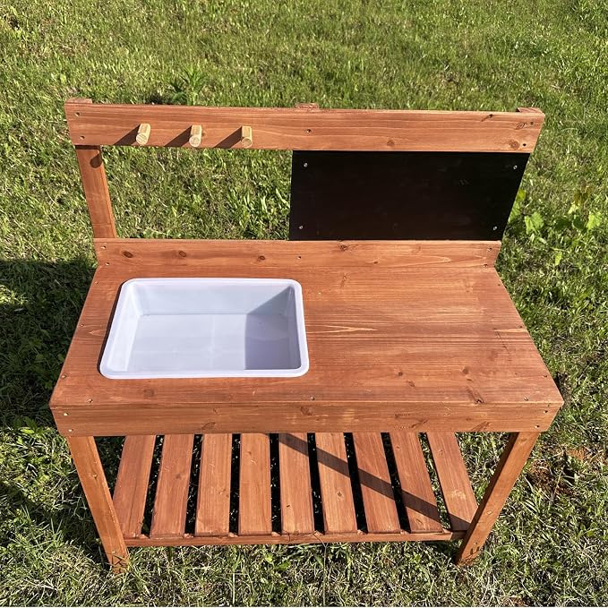Wooden Potting Bench with Chalkboard, Removable Basin, Storage Shelf and Hooks, Outdoor Garden Work Table,Educational Gardening Tools, Natural Wood Finish (Paint Red)