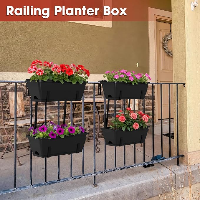 Rectangle Planters Box, 4 Pack Deck Hanging Planters for Railings, Window Box Planter with Drainage Holes & Trays, 16.9 Inch Balcony Planters Railing Hanging with Metal Brackets, Black