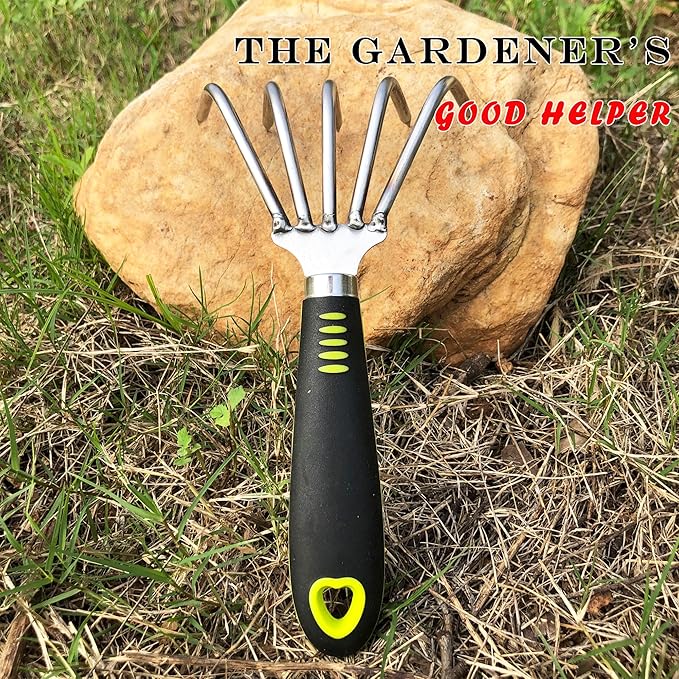 Garden Rake 5-Claw Landscape Dethatcher Thatching Beach Combing Rake for Digging Clam Shell Defoliation Hoe Garden Tool for Loosen The Soil (Green)