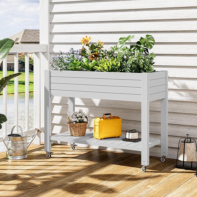 Elevate 33.7" Tall Raised Garden Bed with Wheels, Divisible Resin Planter Box with Drainage Gauge & Storage Shelf, Herb Planter for Garden Patio Backyard, Ashen (33.7" h)