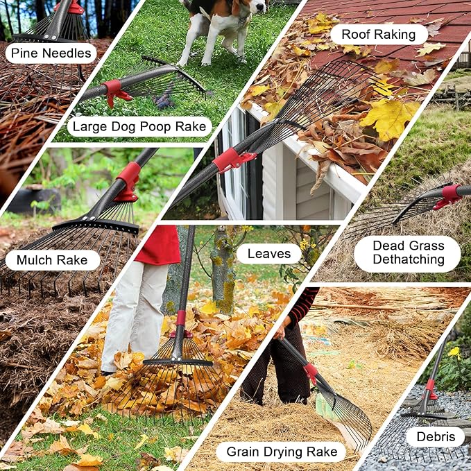 Adjustable Leaf Rake - Metal Garden Rake with 8"-17" Expandable Head, 70" Long Handle, Lightweight Collapsible Design for Leaves & Pine Needles,Lightweight for Flower Beds,Yard, Shrubs,Camping