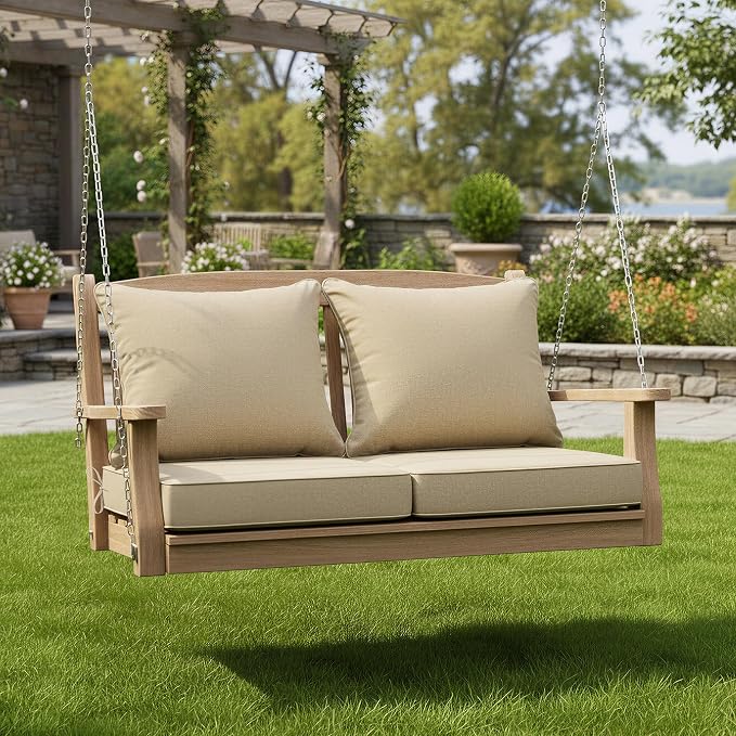 Summsun Outdoor Chair Cushions Set of 2, Faux Linen Patio Furniture Cushions, Water Resistant Backrest and Deep Seat Cushion Set with Straps, Removable Cover, Non-Slip Bottom, 22 x 22 Inch, Nature