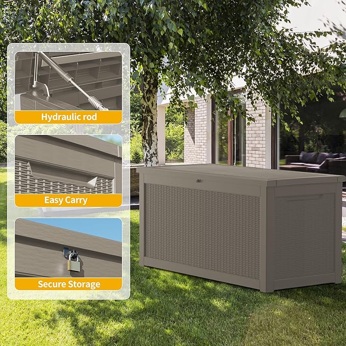 320 Gallon Outdoor Storage Box, Waterproof Resin Deck Box with Lockable Lid Large Storage Bin for Patio Furniture Cushion, Garden Tools, Pool Accessories UV-Resistant Outside Delivery, Gray