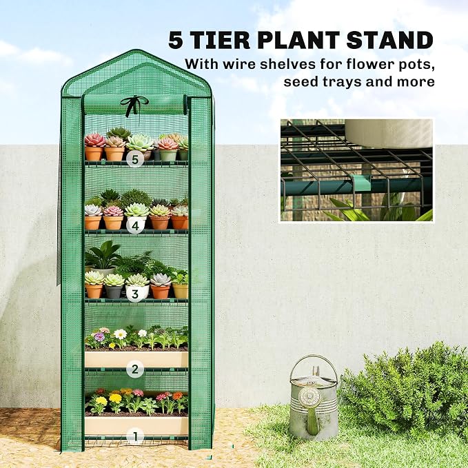 Outsunny 5 Tier Mini Greenhouse with Screen Roof, 27.6" x 19.7" x 75.6", Portable Small Greenhouse with High Strength PE Cover, Roll-Up Zipper Door for Garden Yard Backyard, Green
