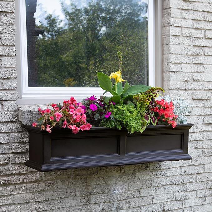 Mayne Fairfield 4ft Window Box, Self Watering Flower Box with Double Wall Design, All Season Fade Resistant Outdoor Window Planter With Steel Mounting Bracket, Espresso
