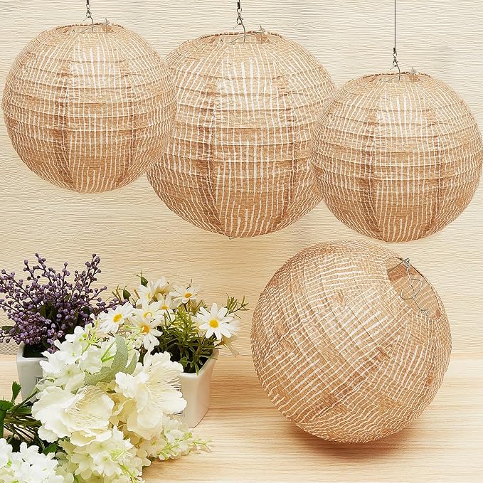 Hortsun 6 Pcs Print Burlap Paper Lanterns Round Chinese Paper Lanterns Farmhouse Boho Classroom Home Decor Classroom Sweet Birthday Party Ceremonial Event (8/10/12 Inch)