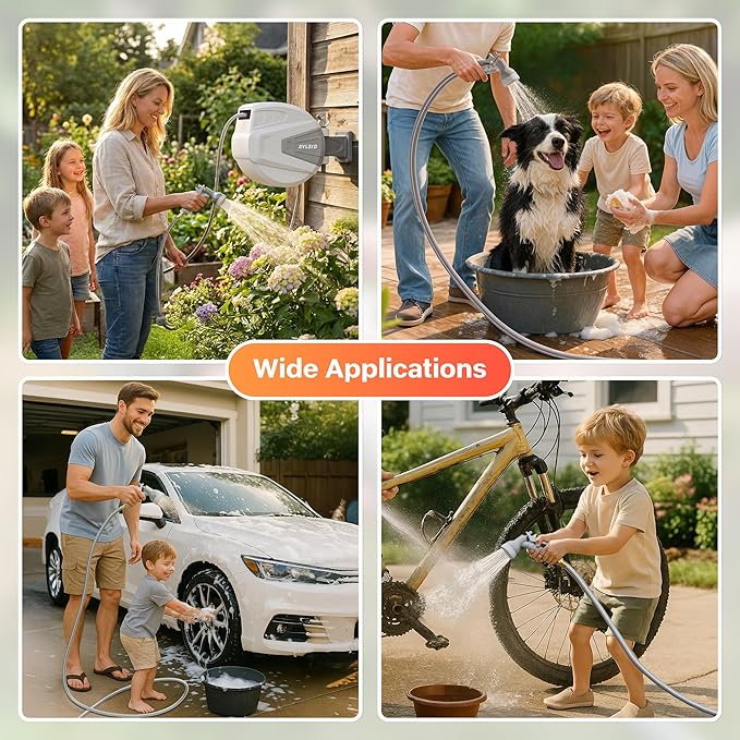 Ayleid Retractable Garden Hose Reel,1/2 in x 130 ft Wall Mounted Hose Reel, with 9- Function Sprayer Nozzle, Any Length Lock/Slow Return System/Wall Mounted/180°Swivel Bracket (Gray)