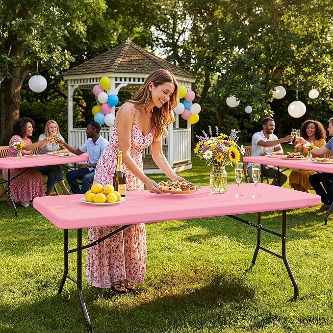 Fitted Tablecloth for 8 Foot Rectangle Tables-6 Pack Pink Elastic Outdoor Picnic Table Cover-Spandex Stretch Folding Table Cloths 8ft for Camping Dining Room Patio Kitchen Banquet Party