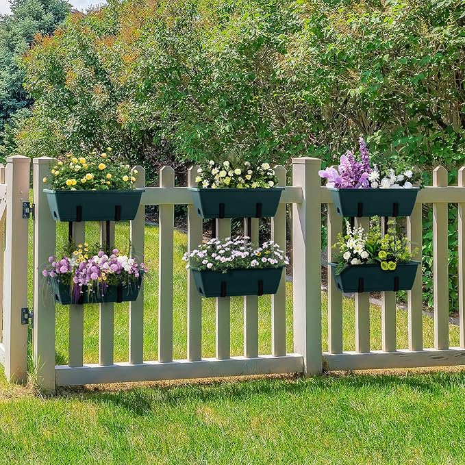 2 Pack Window Boxes Planters 17’’ Railing Hanging Planter Boxes for Outdoor Plants with Double Adjustable Brackets Rectangle Deck Railing Flower Pots Herb Planter for Fence Patio Balcony