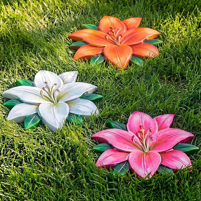 Cinnvoice 3 Pack Garden Stepping Stone Outdoor, Decorative Dimensional Resin Stepping Stones for Patio Pathway Landscaping Walkway Sculpture Yard Backyard Lawn(Lily,10 Inches)