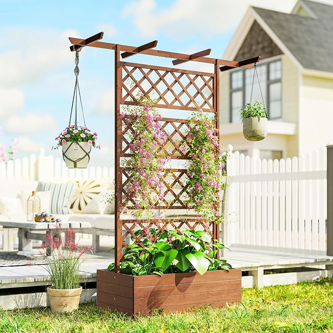 Outsunny Wood Planter Box with Trellis, Raised Garden Bed Privacy Screen Planter Box for Climbing Plants, Vines, Vegetables, Flowers, 63" x 21.75" x 72"