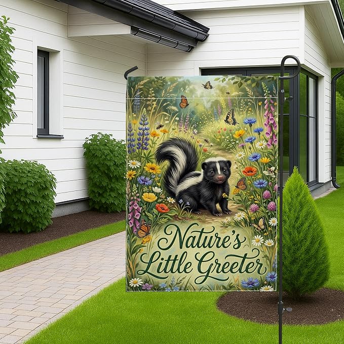 Skunk Garden Flag, Nature Fanciful Butterfly Flowers Spring Green Burlap Double Sided Small Garden Yard Flag for Outdoor Patio Lawn Porch Entrance Campsite 12x18 Inch