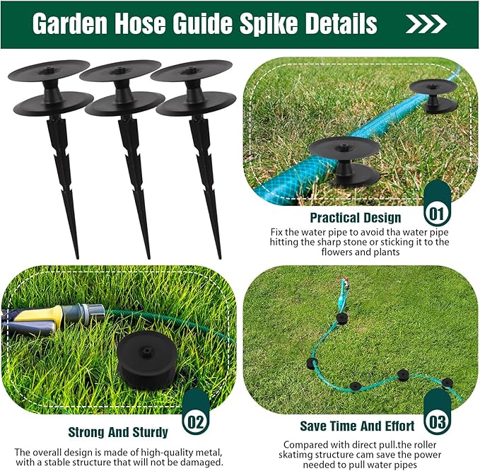 6 PCS Garden Hose Guide Spike,Hose Guide Stake Heavy Duty Pure Metal Hose Roller Guide,Keep Flowering Hose Out of Flower Beds,Rustproof Coated Garden Hose Stake for Yard,Lawn Hose Roller Support