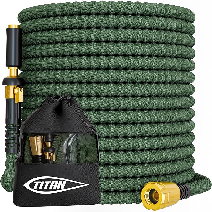 TITAN Flexible Garden Hose 65FT – Ultra Lightweight, Heavy Duty Water Hose with Brass Fittings & Jet Nozzle – Kink-Free, Non-Expanding, Durable Fabric Hose for Yard, Lawn, Car Wash, Outdoor Use