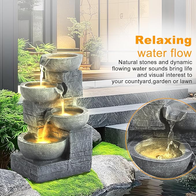 4-Tier Outdoor Garden Water Fountain, 22" H Modern Resin Cascading Bowls Fountain with LEDs and Pump, Freestanding Fountains and Waterfalls for Yard, Porch and Patio Indoor Decor (Grey)