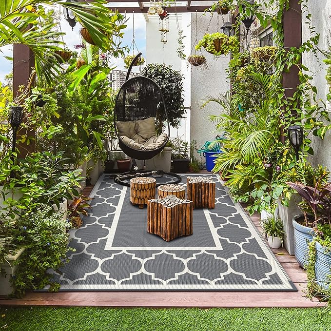 GENIMO 9 ' x 12 ' Outdoor Rug for Patio, Waterproof Indoor Outdoor Plastic Straw Rugs Carpet, Reversible Outside Area Mat for Camping, Balcony Porch, Deck, Picnic, Beach Grey & Beige White
