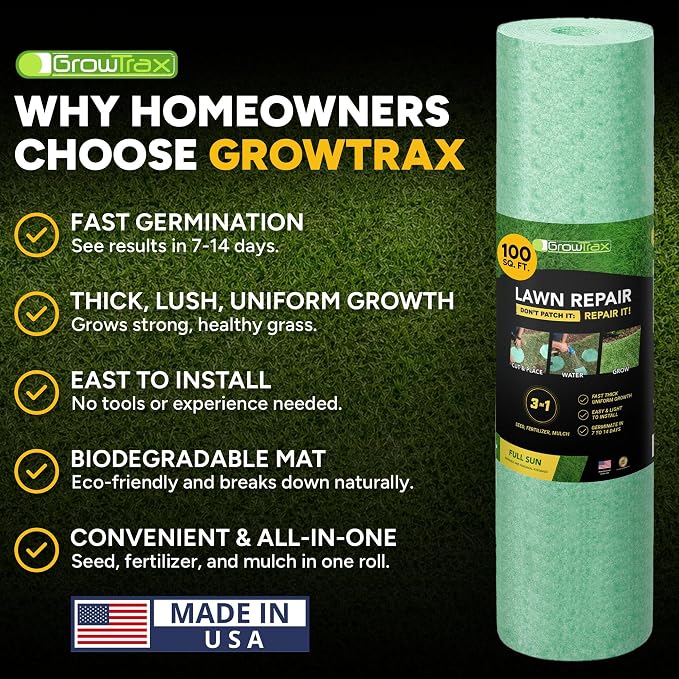 Growtrax Biodegradable Grass Seed - 100 SQFT Bermuda Rye - Grass Seed and Fertilizer for Lawns, Dog Patches & Shade - Just Water & Grow - No Fake or Artificial Grass
