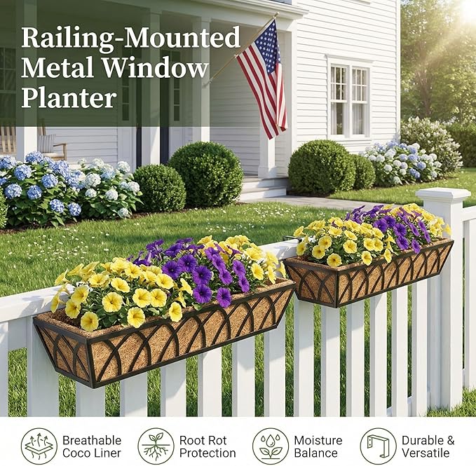 30 Inch 6 Pack Railing Planter with Adjustable Brackets, Window Box with Coco Liner, Hanging Metal Flower Box for Balcony Deck Fence Porch, Black