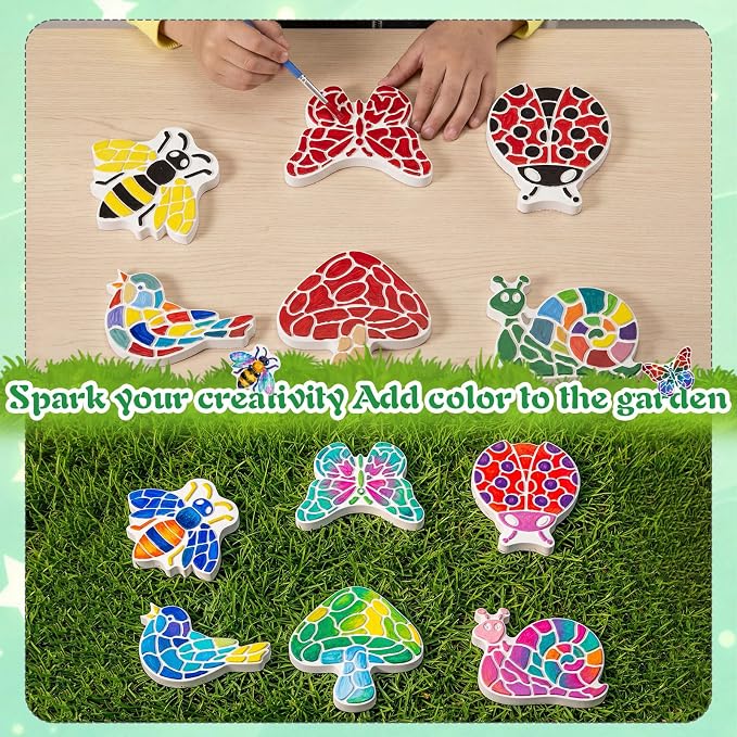Lewtemi 8 Pcs Paint Your Own Stepping Stones for Craft, DIY Plaster Stepping Stones Garden Decor Painting Art Set for Art Class, Summer Activities & Home Decor (Assorted Design)