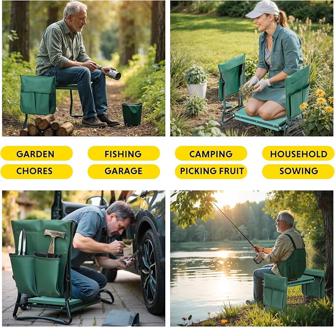 iPower Garden Kneeler and Seat Folding Stool, Thick Foam Kneeling Pad & 2 Removable Tools Pouch, Sturdy Steel Frame, Portable for Seniors, No Assembly Gardening Gift for Women Men