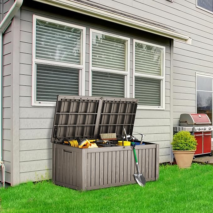 TARKARI 180 Gallon Outdoor Storage Box Waterproof, Resin Deck Boxes with Lockable Lid & UV-Resistant for Patio, Pool, Garden Furniture Cushions & Accessories, Coffee