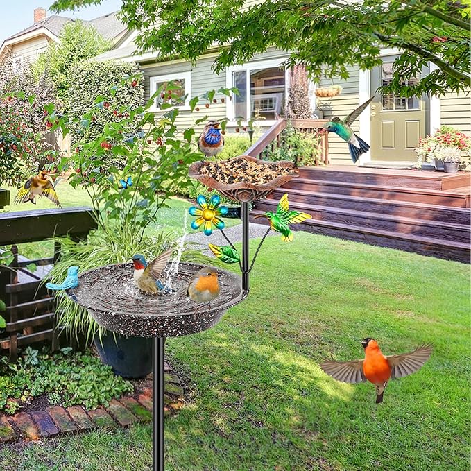 Metal Bird Bath for Outside, Birdbath Bowl Standing Bird Feeders for Outdoors with 5 Prongs Base Stake, Freestanding Birdfeeders for Garden Yard Lawn Decor (Brown 2-in-1 Bird)